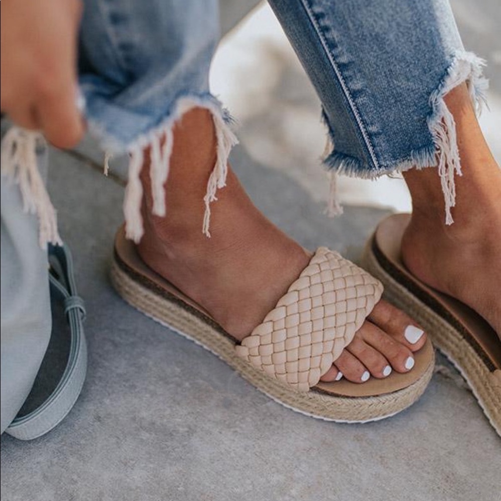 Beige Braided One Band Platform Slip On Sandal - Picture 2 of 10